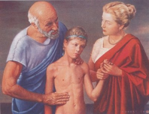 Figura 1. Hipócrates examinando a un niño.